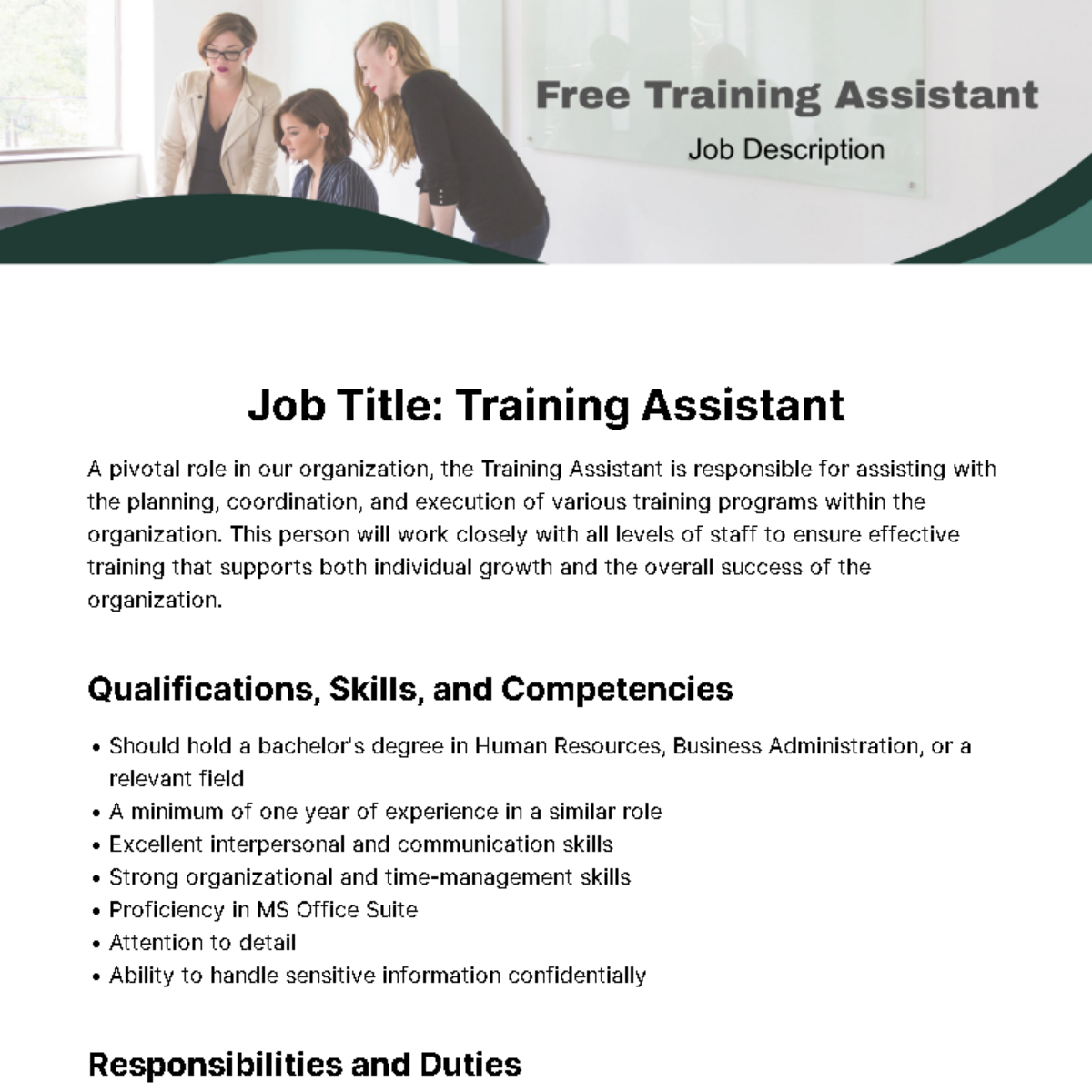Free Training Assistant Job Description Template