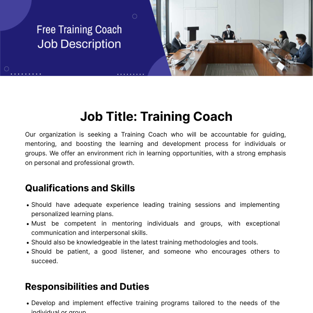 Free Training Coach Job Description Template