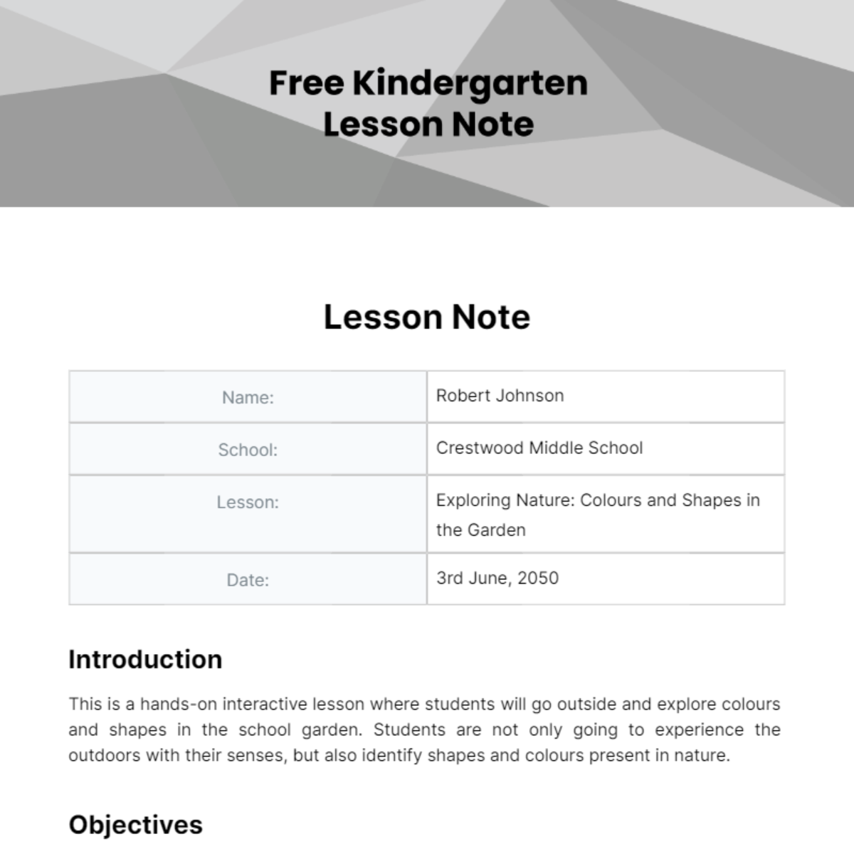 Kindergarten Lesson Note Template