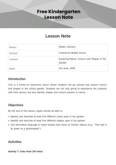 Free Kindergarten Lesson Note Template to Edit Online