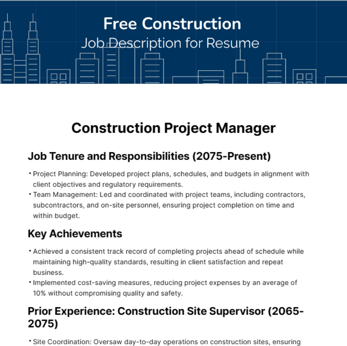 Construction Job Description for Resume Template