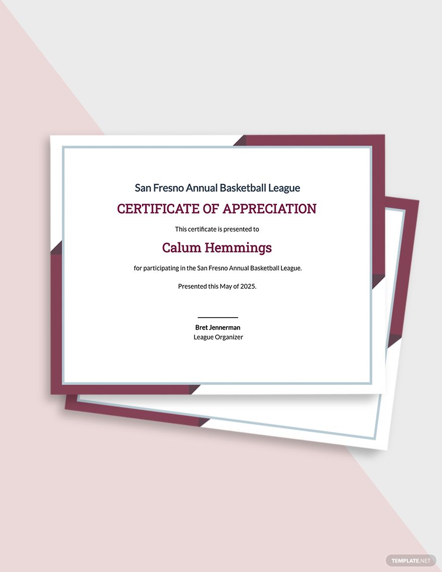 Certificate Of Appreciation For Basketball Tournament Template