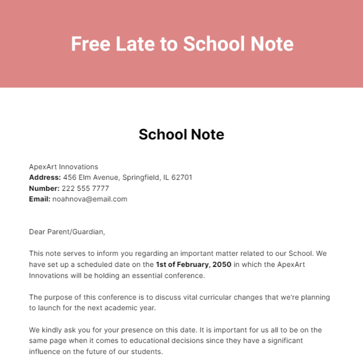 Late to School Note Template