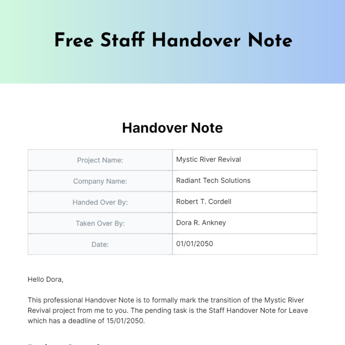 Staff Handover Note Template
