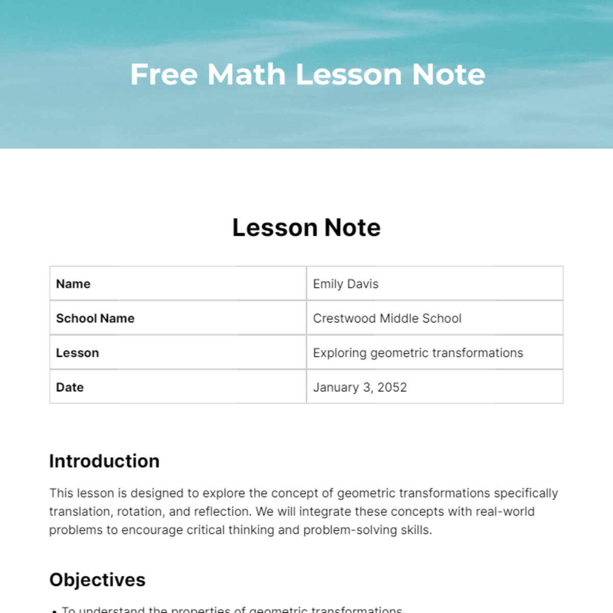 Free Math Lesson Note Template
