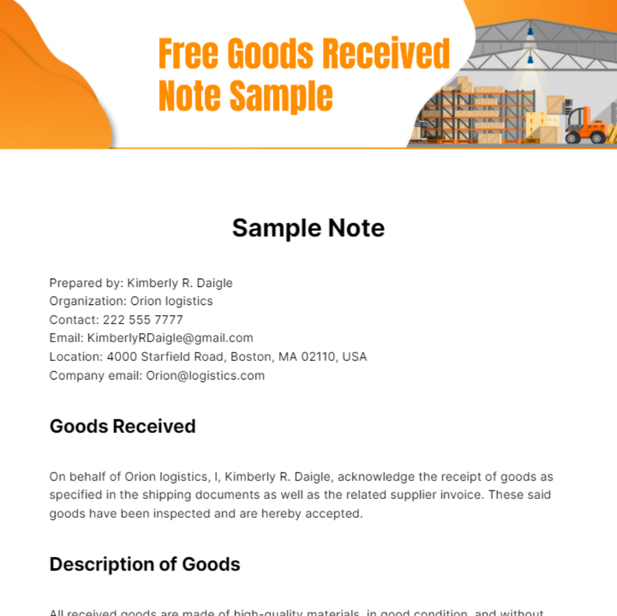 Goods Received Note Sample Template