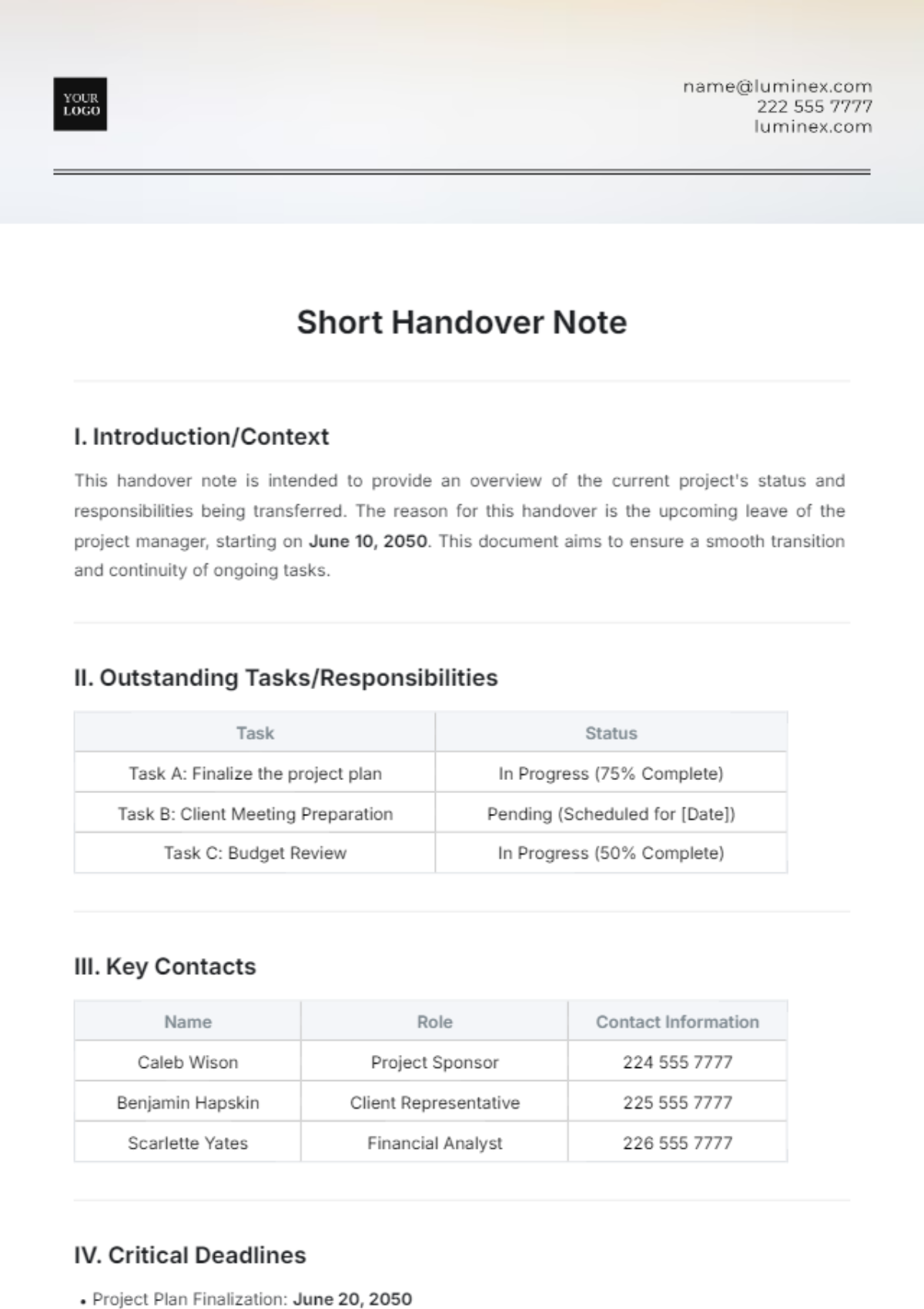 Short Handover Note Template - Edit Online & Download