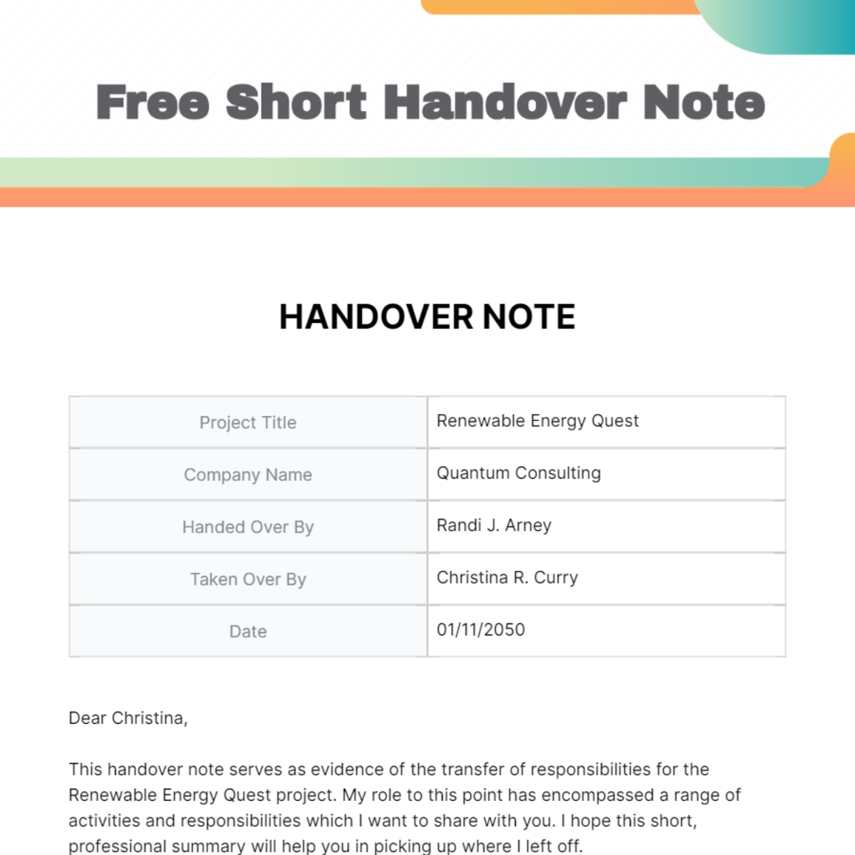 Free Short Handover Note Template