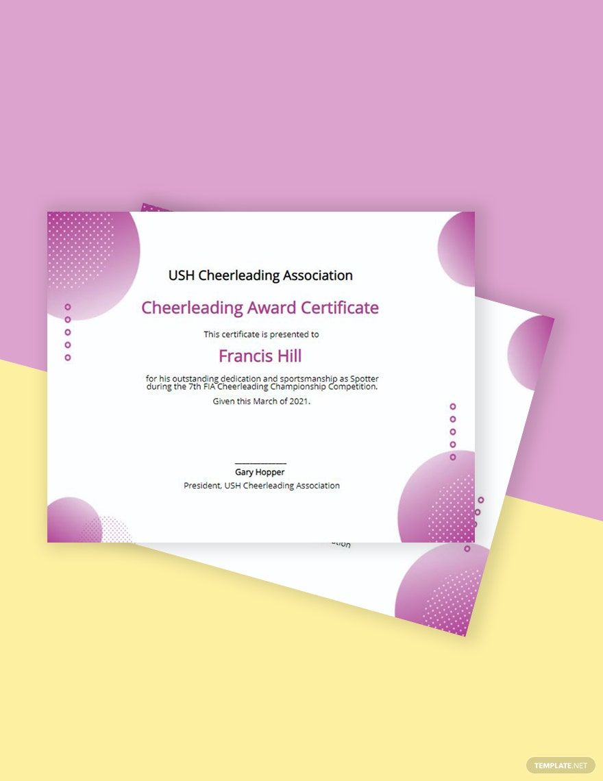 Cheerleading Award Certificate Template in Word, Google Docs, Illustrator, PSD, Apple Pages, Publisher, InDesign, Outlook