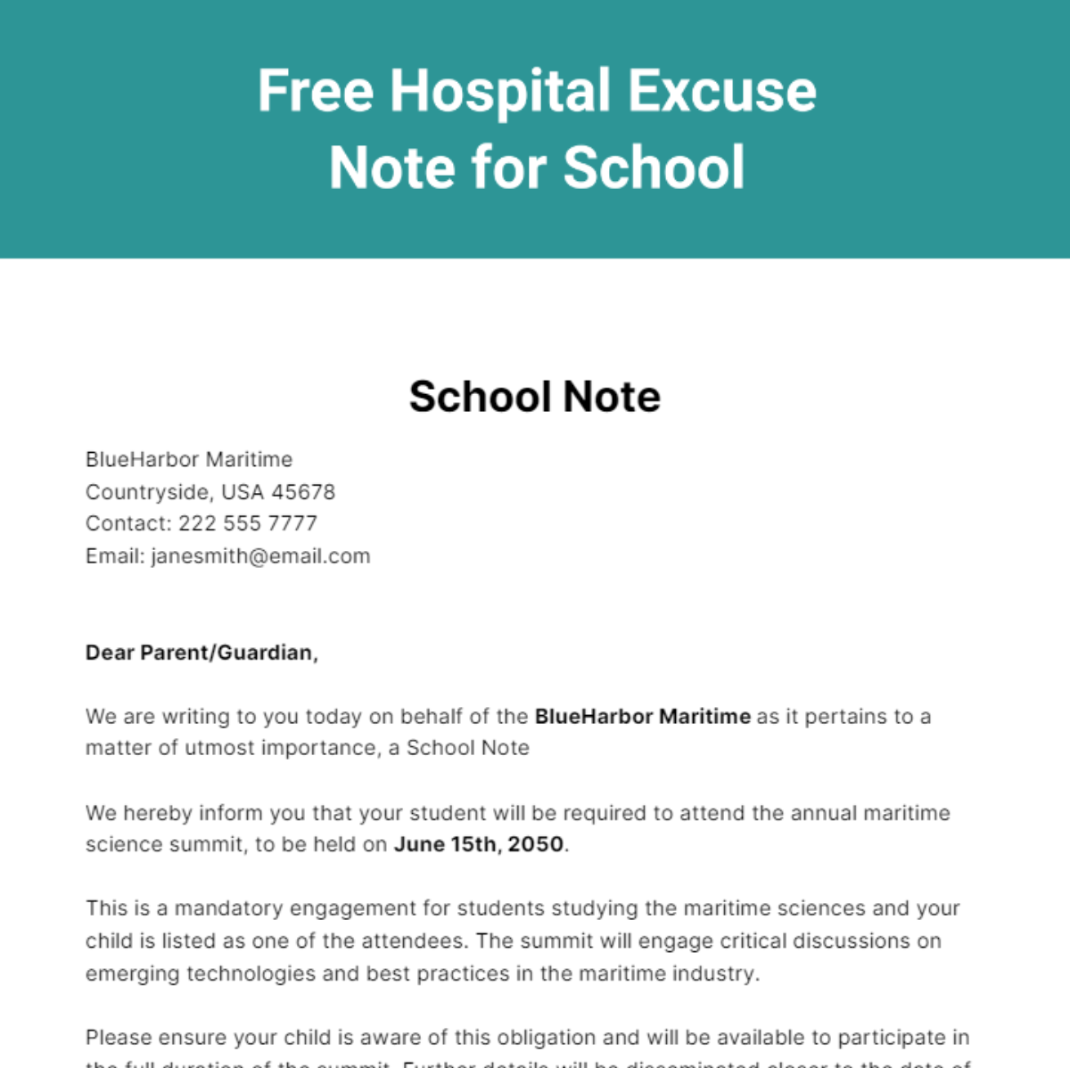 Free Hospital Excuse Note for School Template