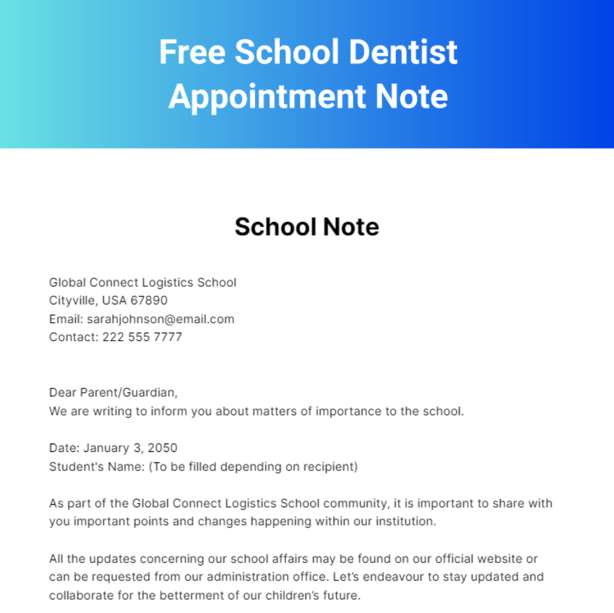 Free School Dentist Appointment Note Template