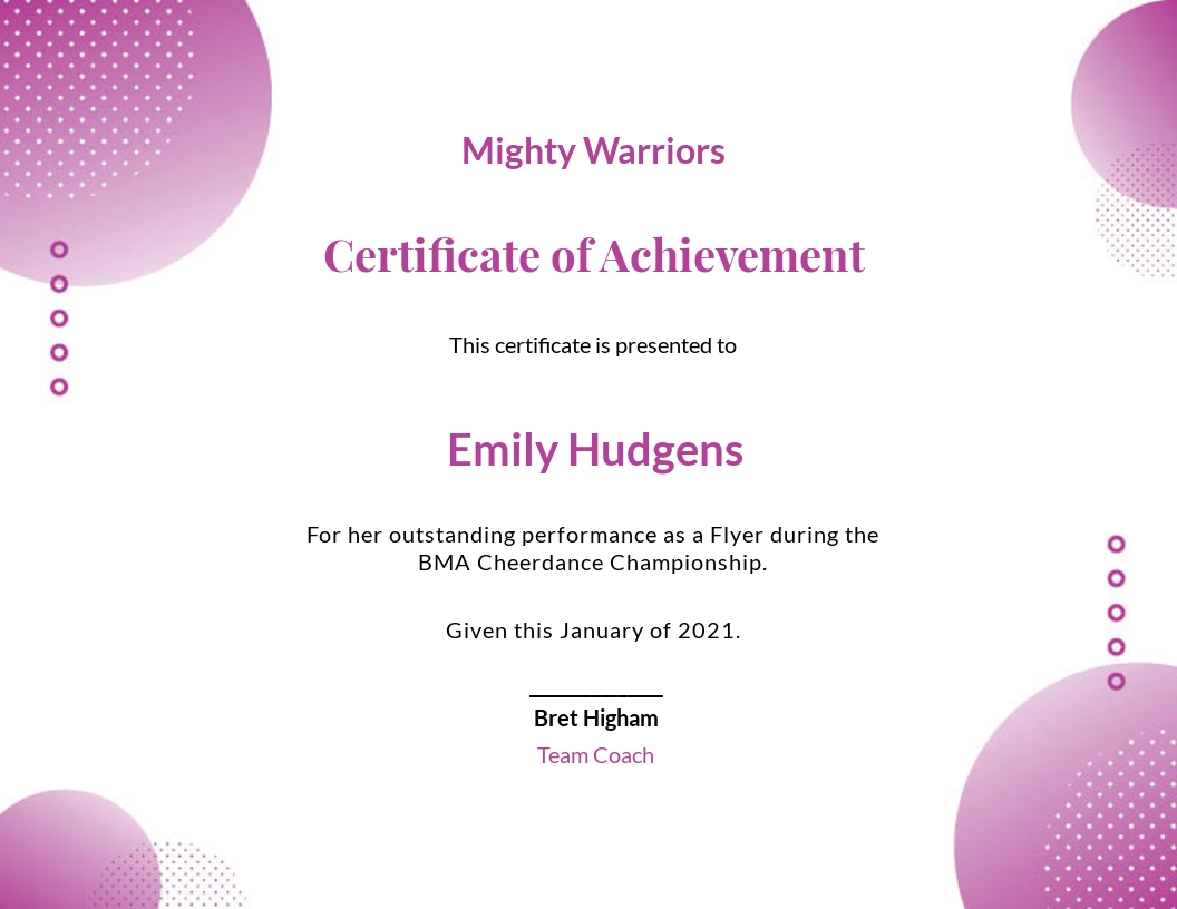 Cheerleading Certificate Of Achievement Template - Illustrator, InDesign, Word, Apple Pages, PSD, Publisher