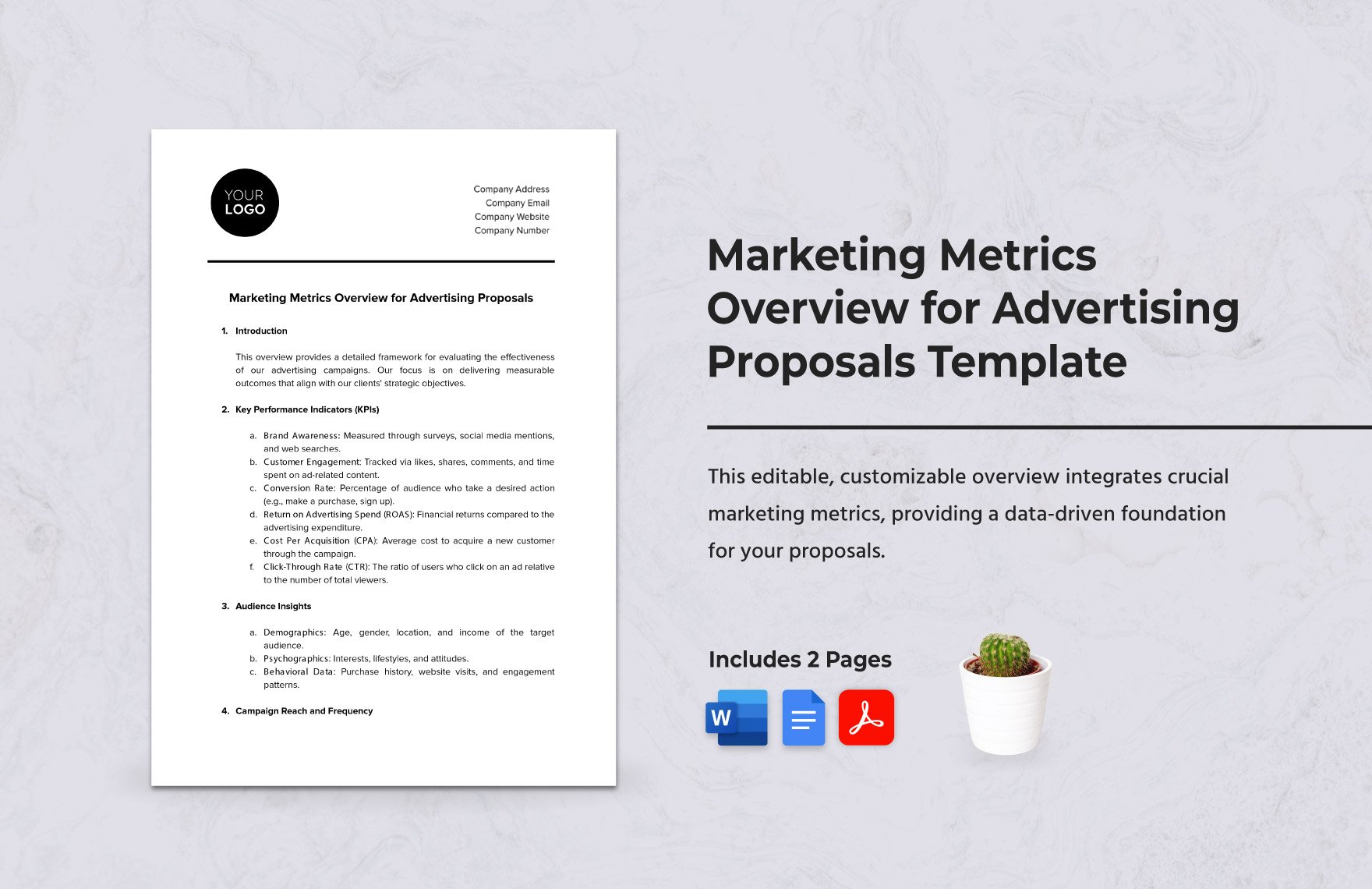 Marketing Metrics Overview for Advertising Proposals Template in Word, Google Docs, PDF