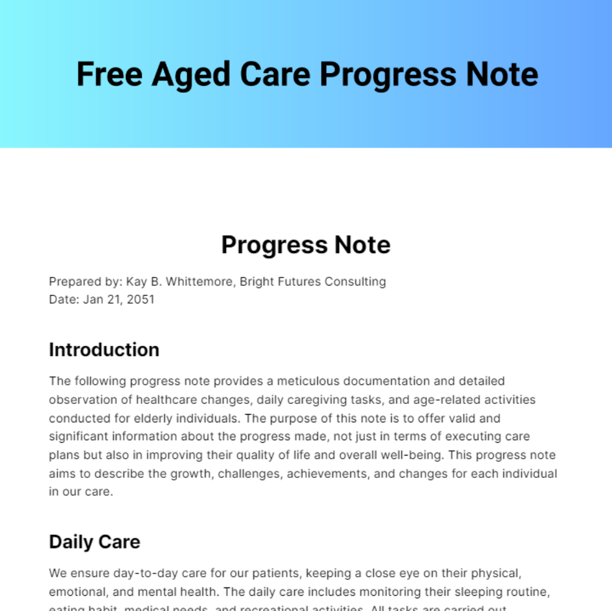 Aged Care Progress Note Template