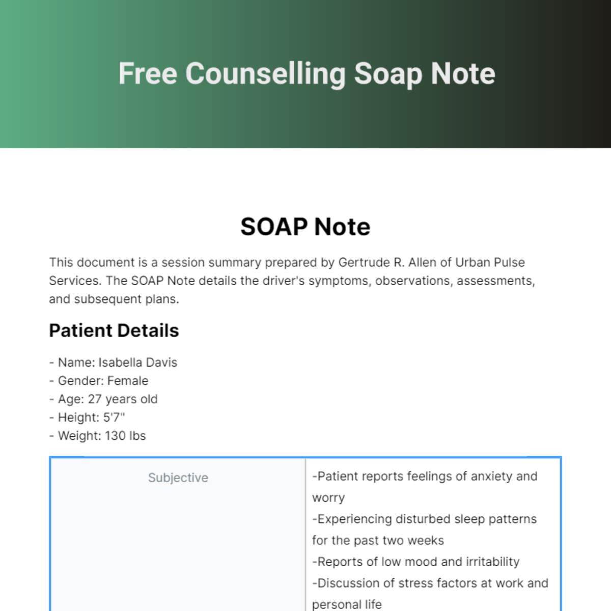 Counselling Soap Note Template