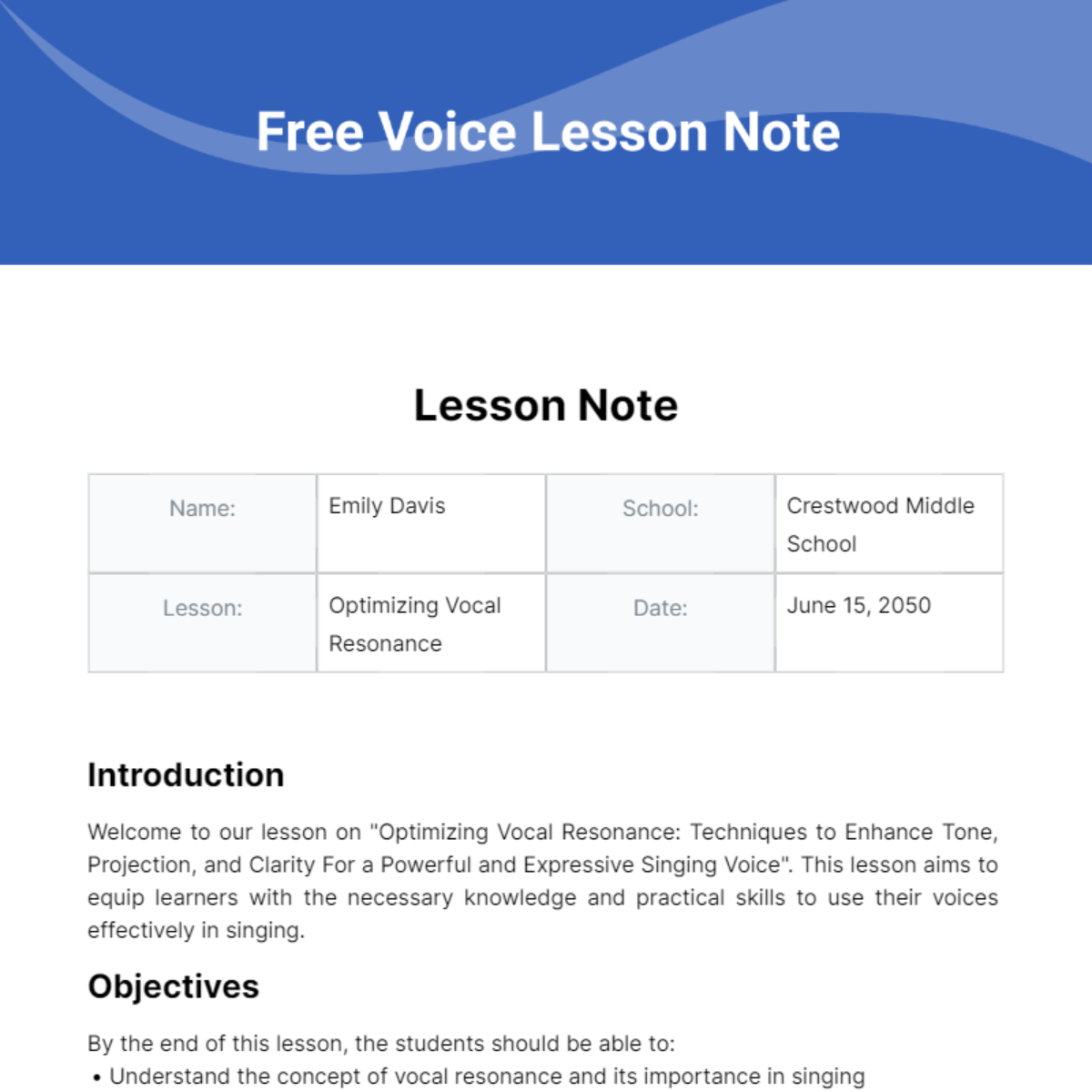 Free Voice Lesson Note Template
