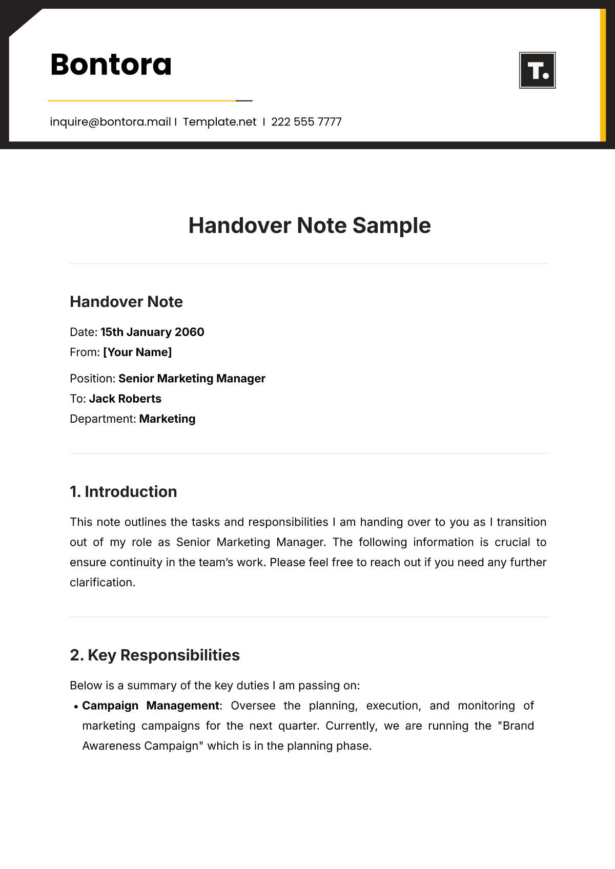 Handover Note Sample Template