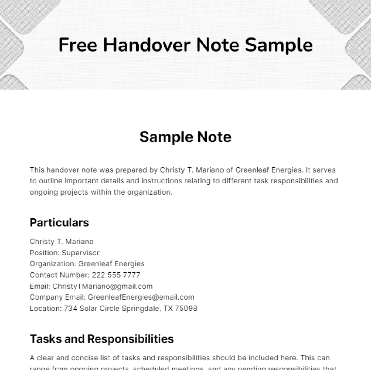 Handover Note Sample Template