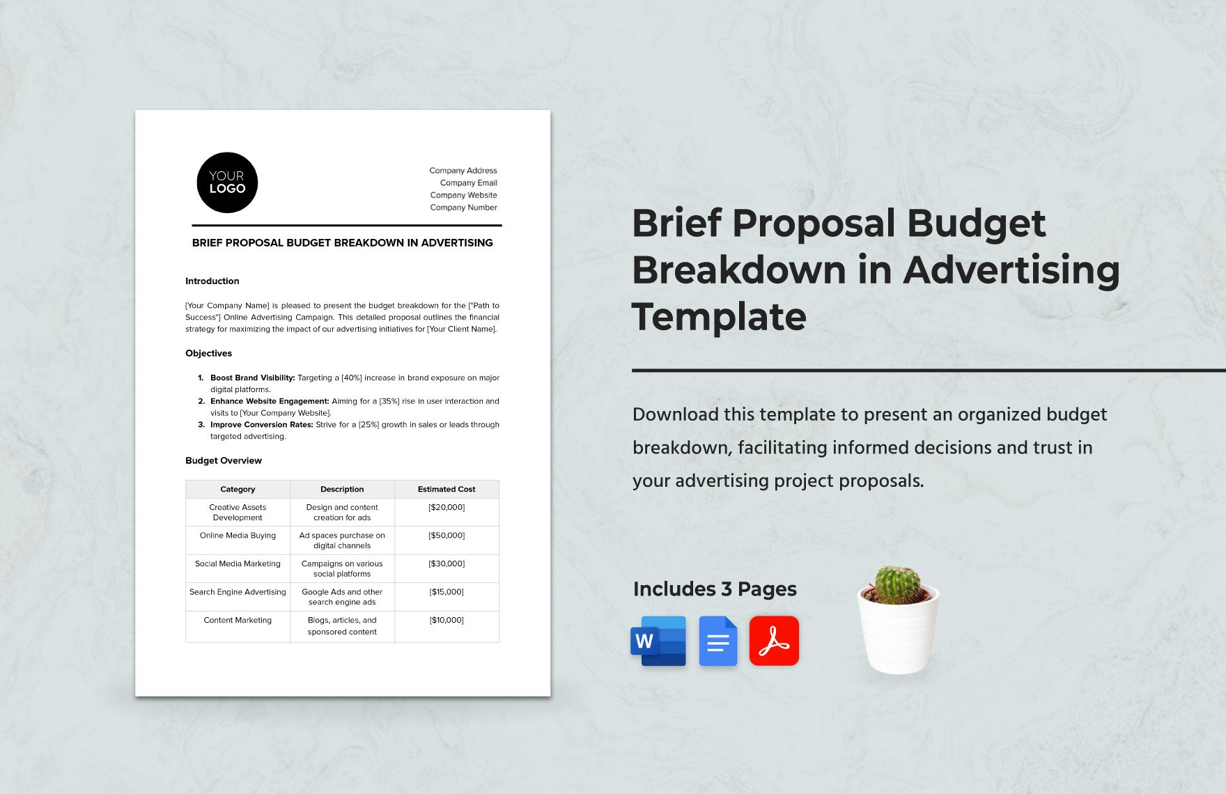 Brief Proposal Budget Breakdown in Advertising Template