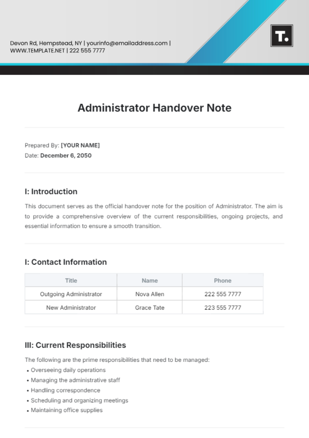 Administrator Handover Note Template - Edit Online & Download