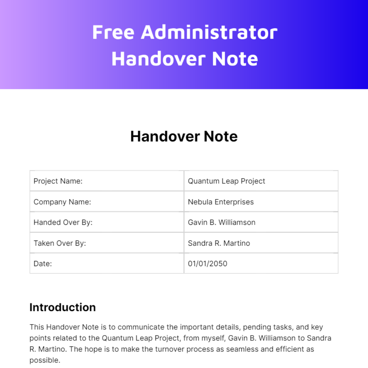 Administrator Handover Note Template