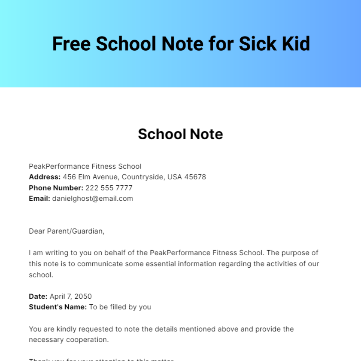 Free School Note for Sick Kid Template