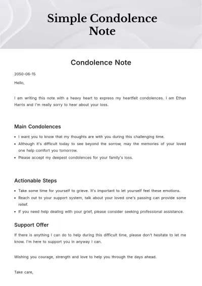 Free Simple Condolence Note Template to Edit Online