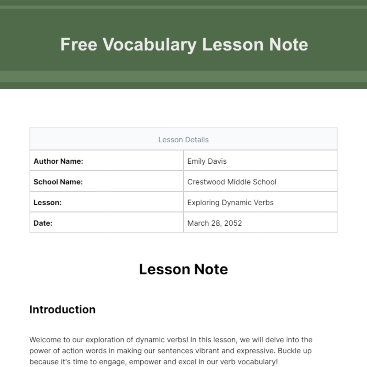 Free Vocabulary Lesson Note Template