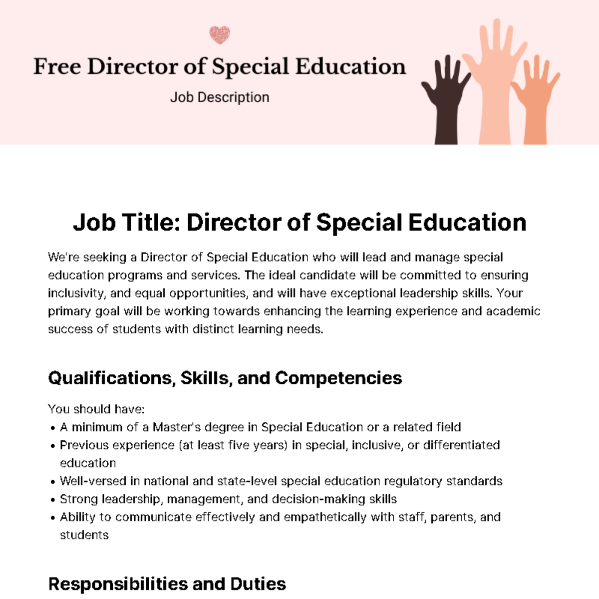 Free Director Of Special Education Job Description Edit Online 