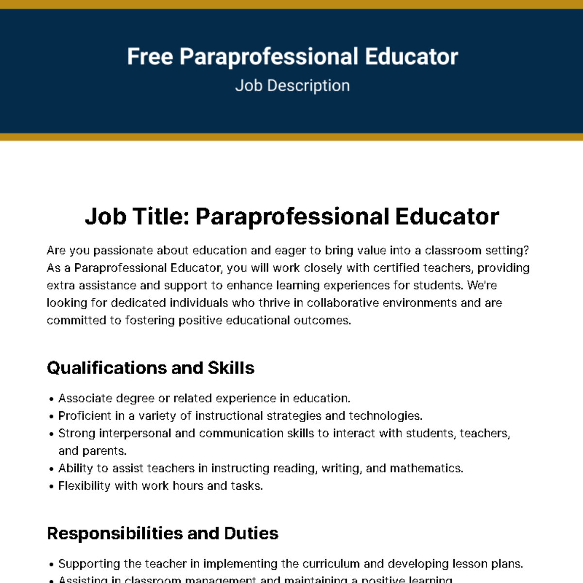 Free Paraprofessional Educator Job Description Template