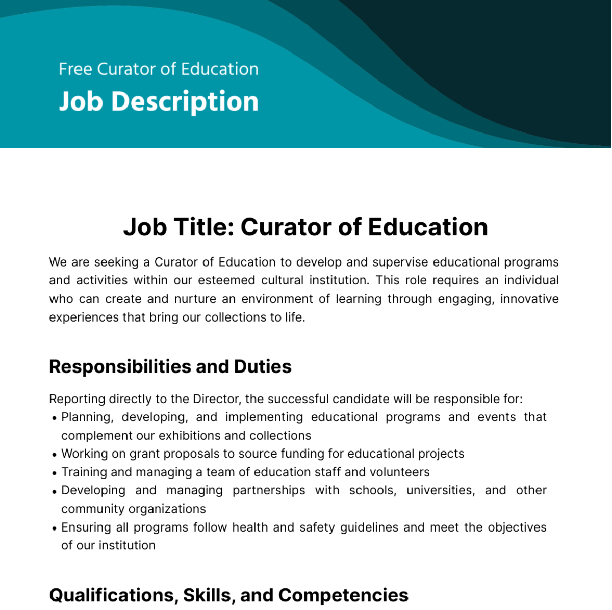 Free Curator of Education Job Description Template