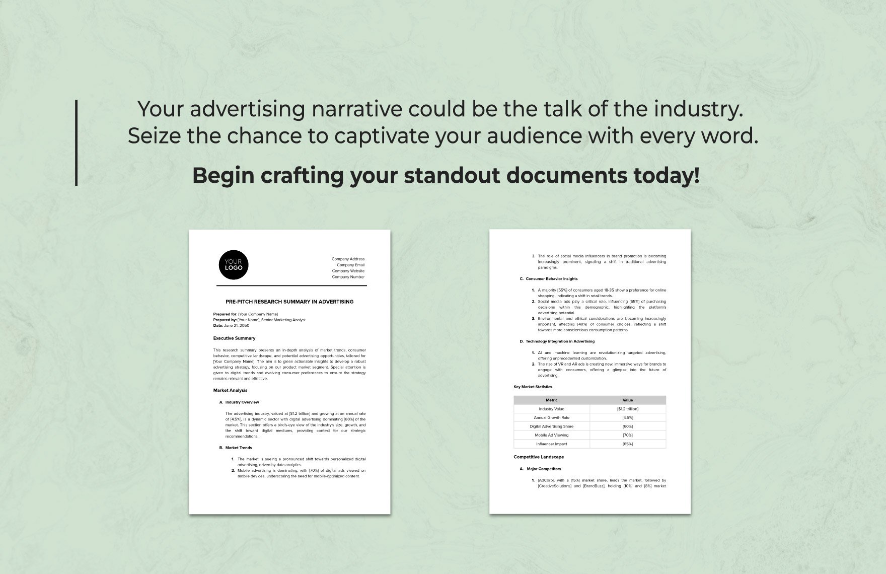 Pre-Pitch Research Summary in Advertising Template