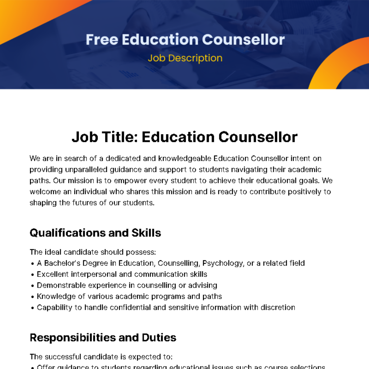 Free Education Counsellor Job Description Template