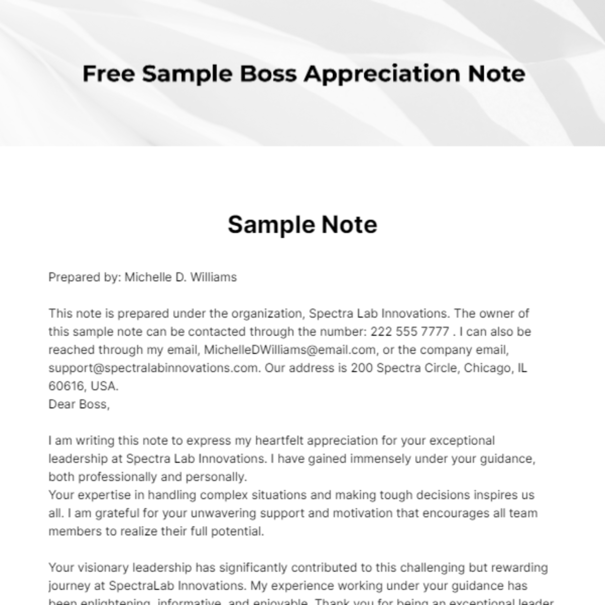 Sample Boss Appreciation Note Template