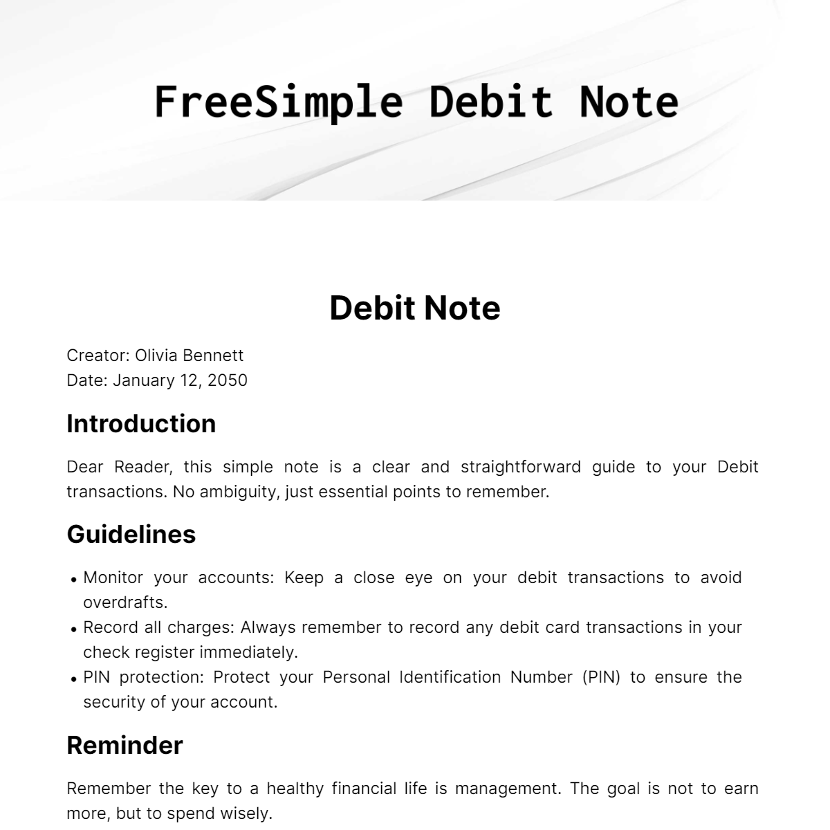 Simple Debit Note Template