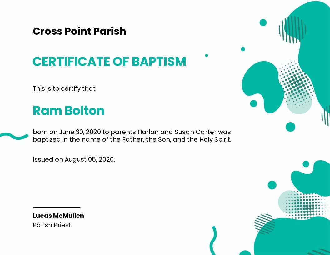 Free Creative Baptism Certificate Template - Google Docs, Illustrator, InDesign, Word, Apple Pages, PSD, Publisher