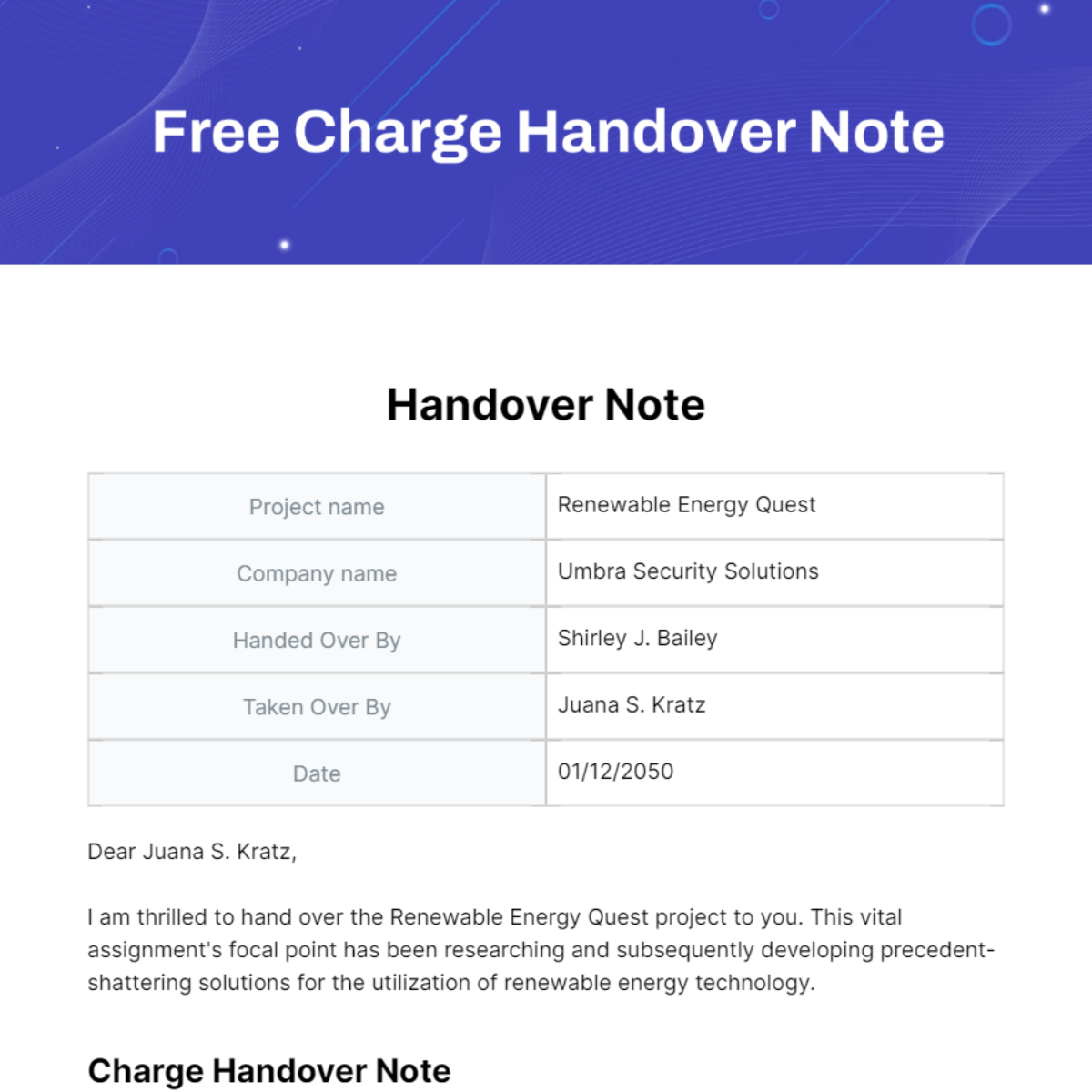 Free Charge Handover Note Template