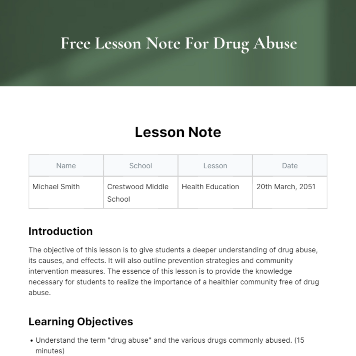 Lesson Note For Drug Abuse Template