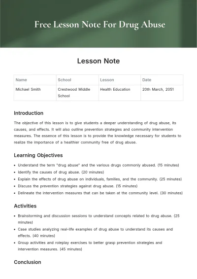 Free Lesson Note For Drug Abuse Template to Edit Online
