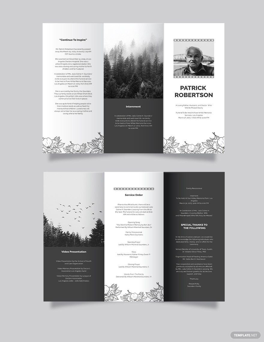 Blank Funeral Memorial Tri-Fold Brochure Template
