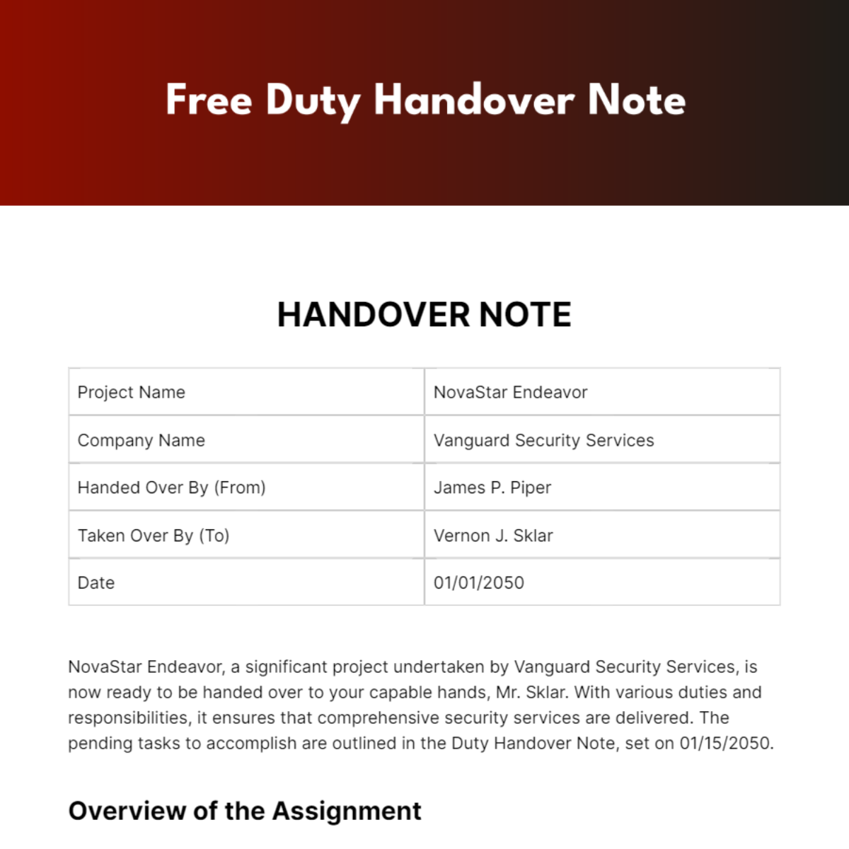 Duty Handover Note Template