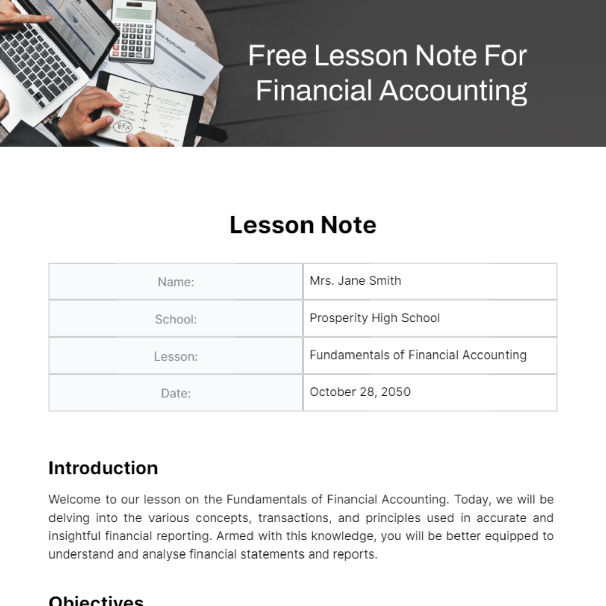 Free Lesson Note For Financial Accounting Template