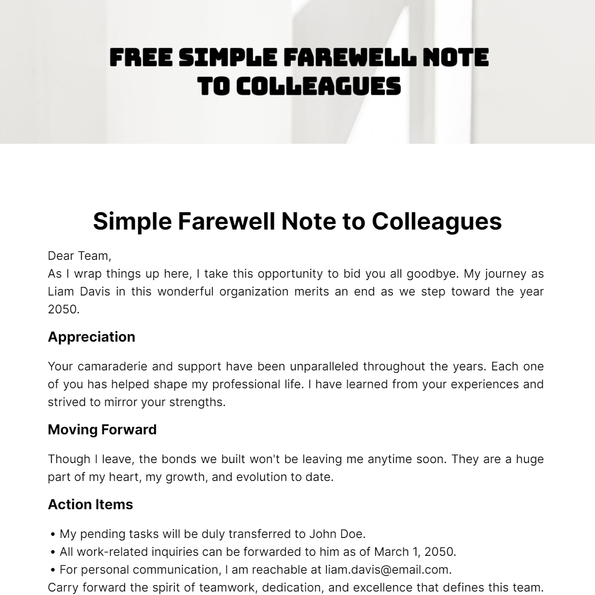 Simple Farewell Note to Colleagues Template