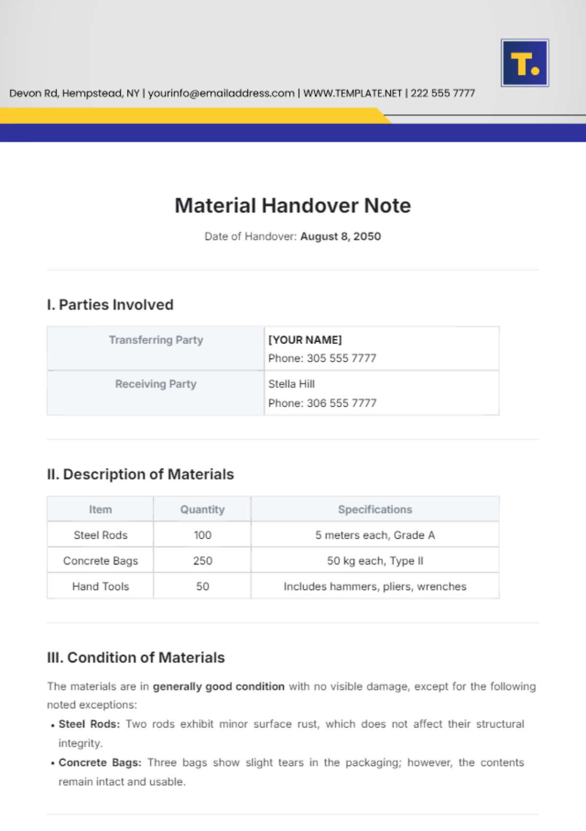 Material Handover Note Template