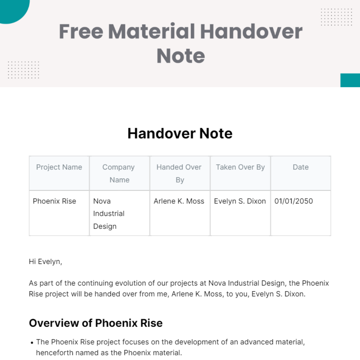 Material Handover Note Template