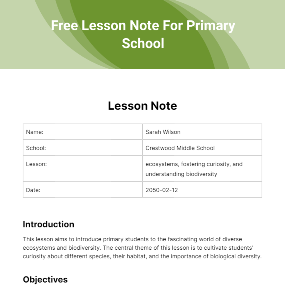 Free Lesson Note For Primary School Template