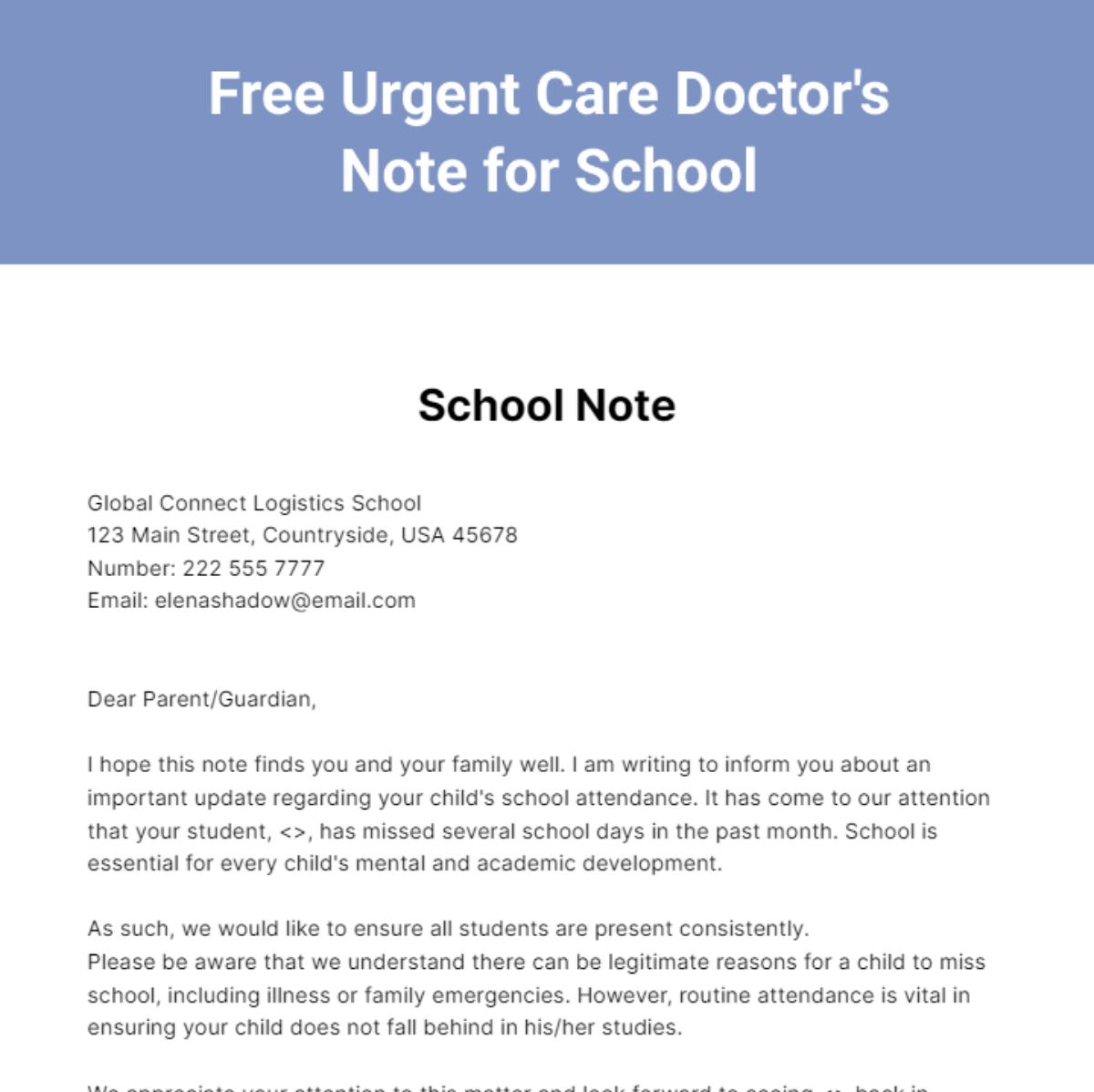 Urgent Care Doctor's Note for School Template
