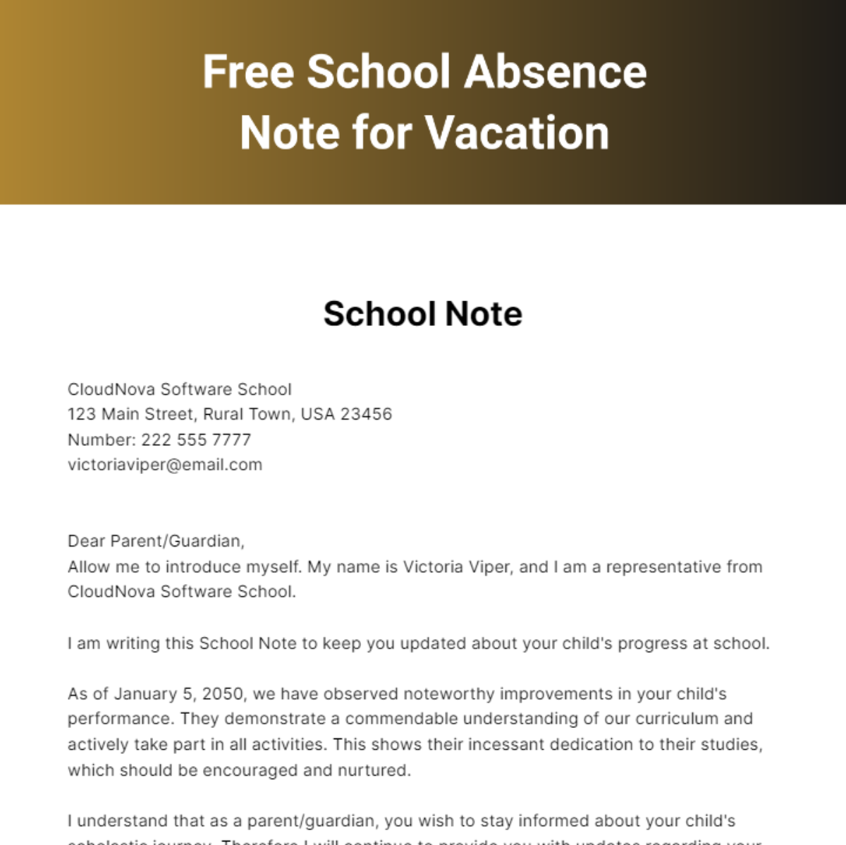 School Absence Note for Vacation Template