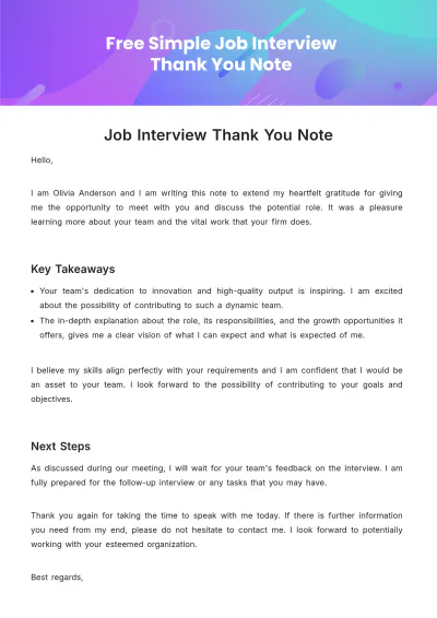 Free Simple Job Interview Thank you Note Template to Edit Online