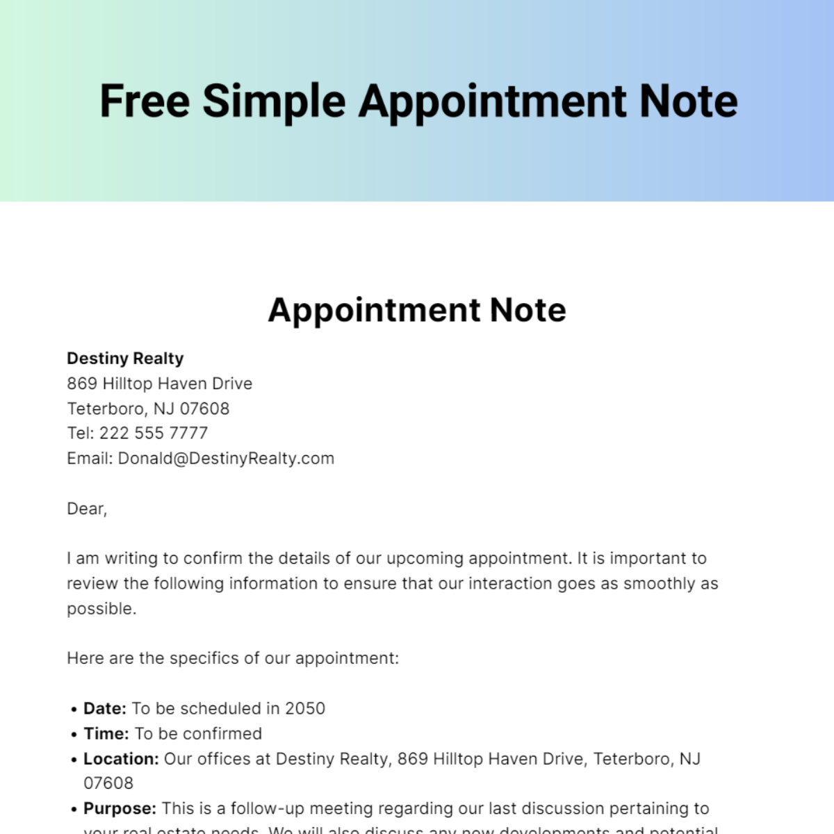 Free Simple Appointment Note Template